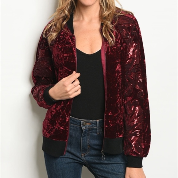 Jackets & Blazers - BURGUNDY WITH SEQUINS BOMBER JACKET